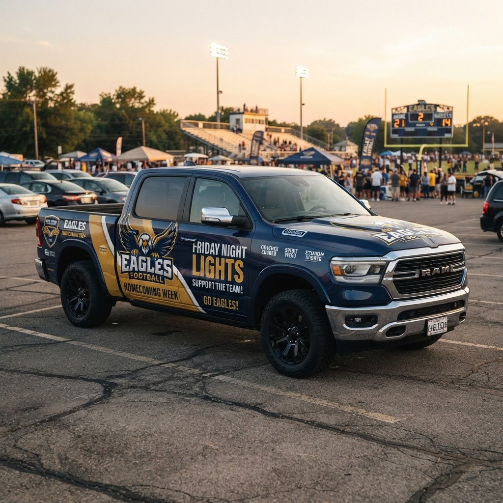 A pickup truck with a navy and gold high school football team-spirit wrap in a stadium parking lot