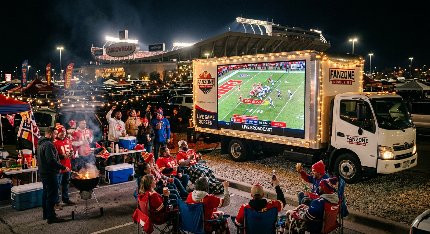 A mobile LED screen truck at a night stadium tailgate showing a live football game to a crowd of fans in lawn chairs