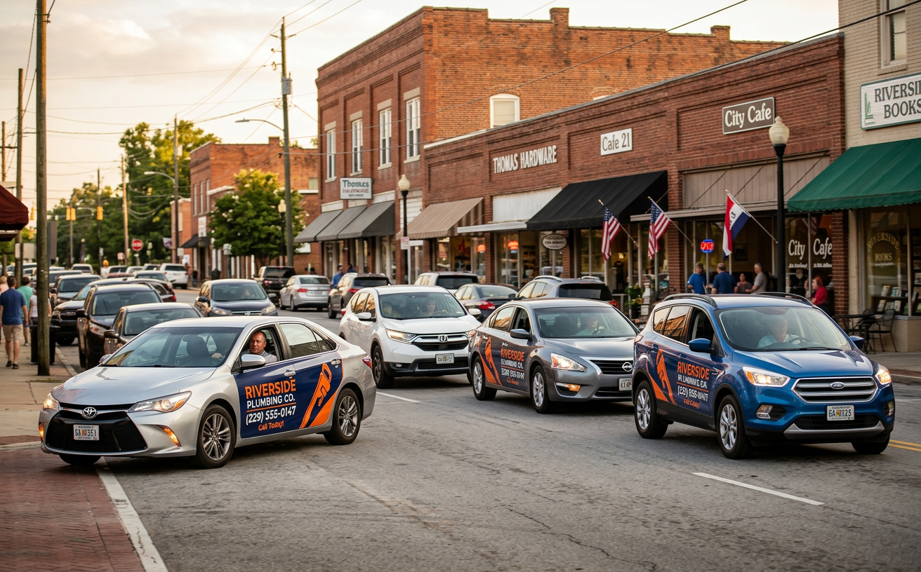 Four different everyday cars driven by local Brand Ambassadors, each carrying the same Riverside Plumbing advertisement