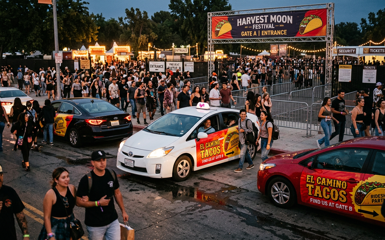 Rideshare cars at a festival entrance, each carrying a red and yellow El Camino Tacos advertisement